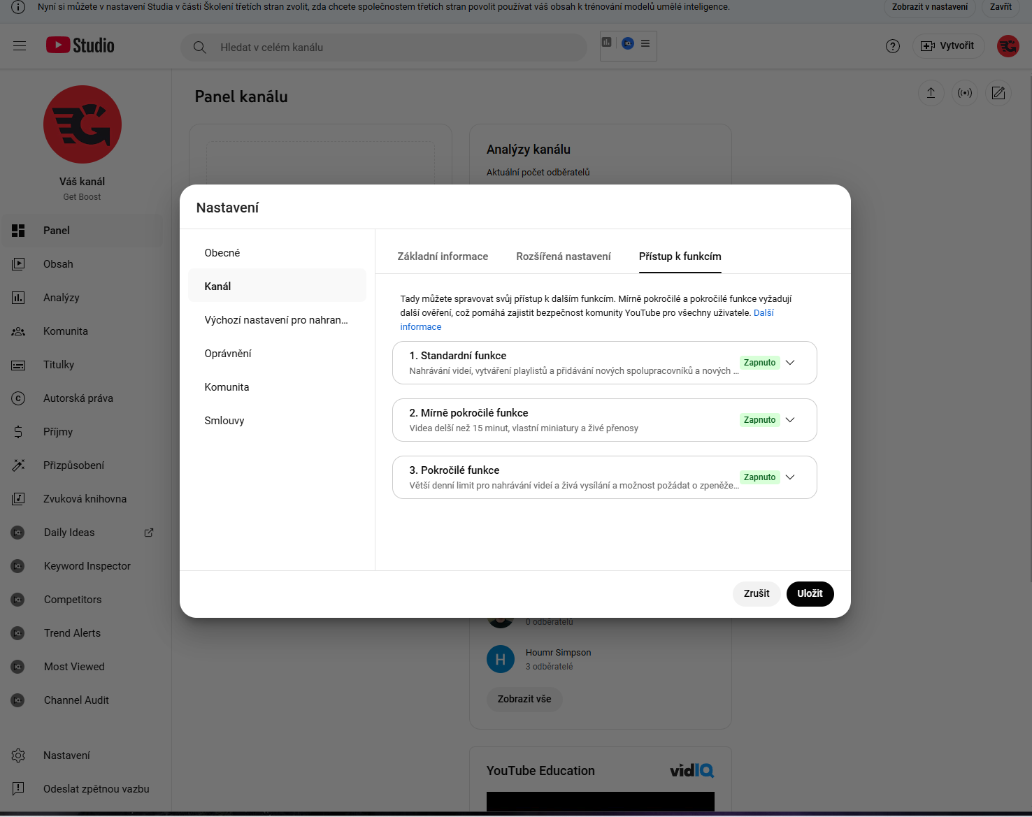 YT studio funkce