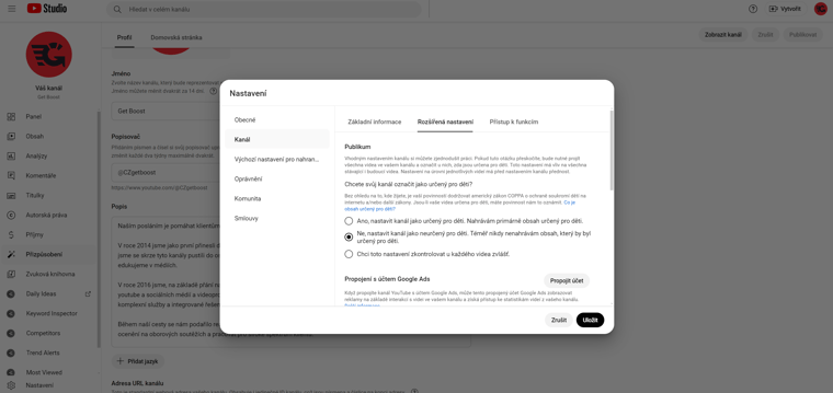 YT studio kanal rozsirene nastaveni