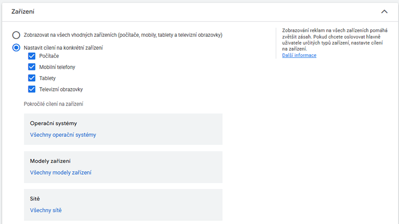 nastaveni cileni na zarizeni google ads