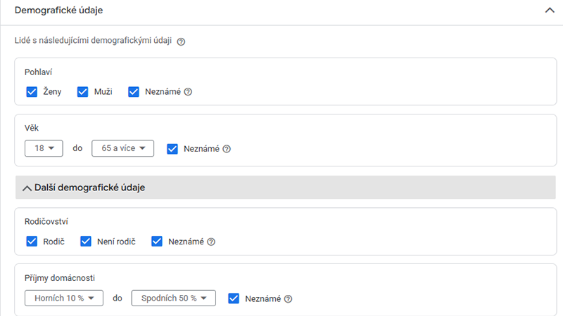 nastaveni demografickych udaju google ads