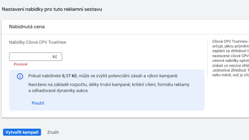 jak nastavit cenu u videoreklamy google ads