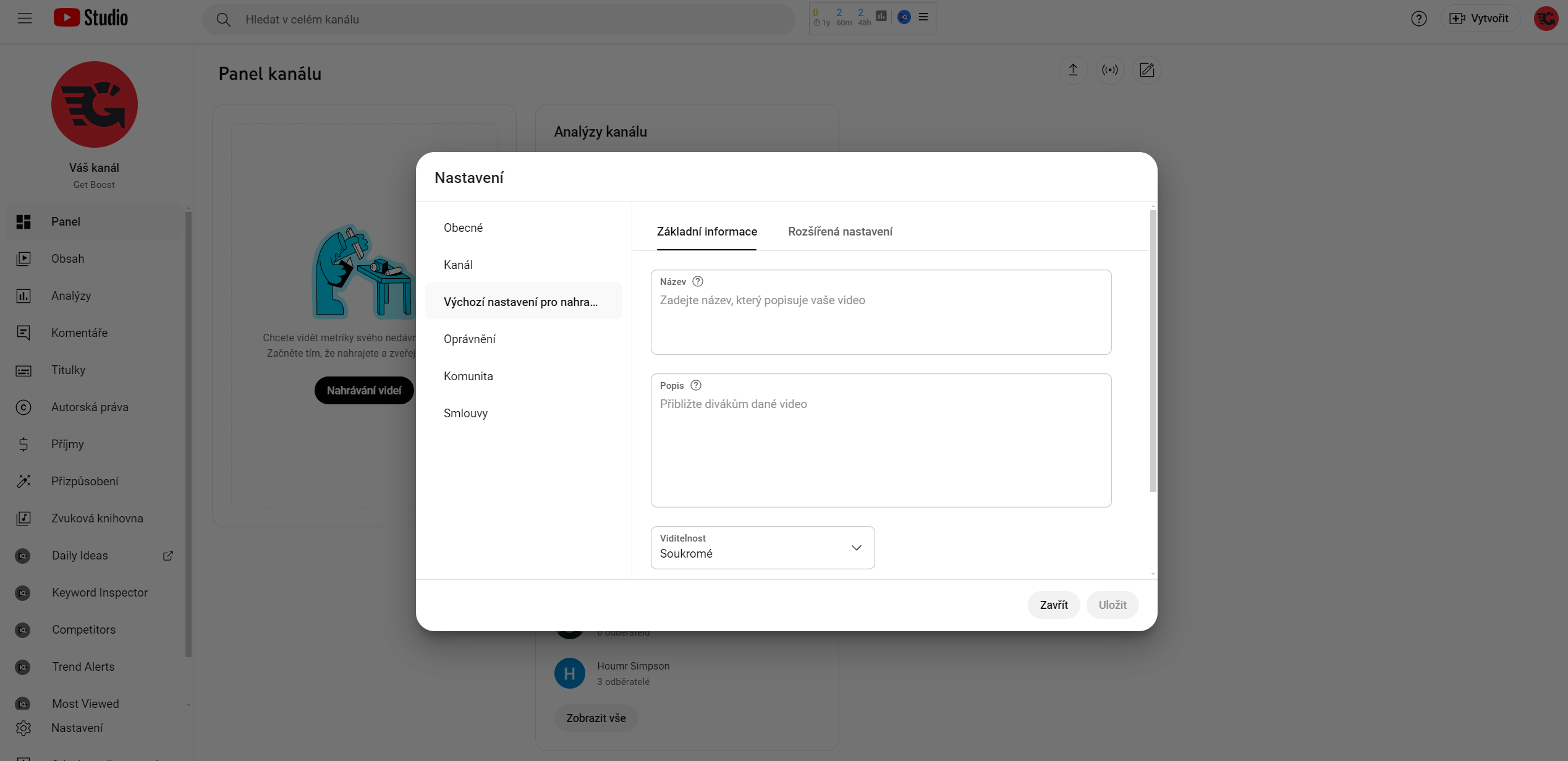 YouTube studio nastaveni videa